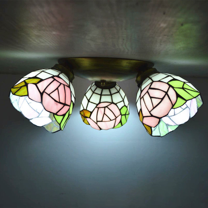 3 Heads Ceiling Flush Light Fixture Tiffany Small Stained Glass Flush Mount Lighting for Hall