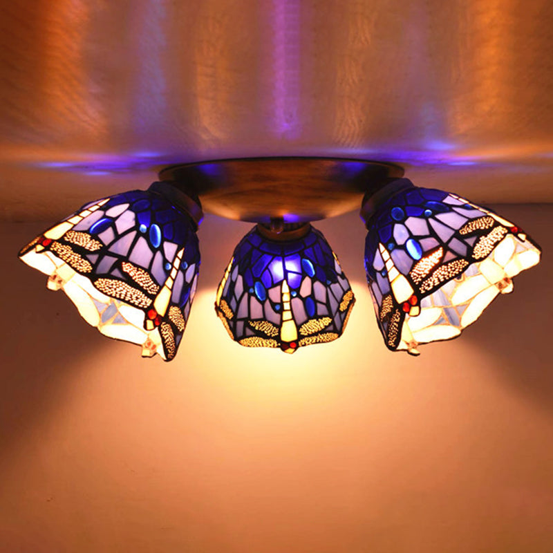 3 Heads Ceiling Flush Light Fixture Tiffany Small Stained Glass Flush Mount Lighting for Hall