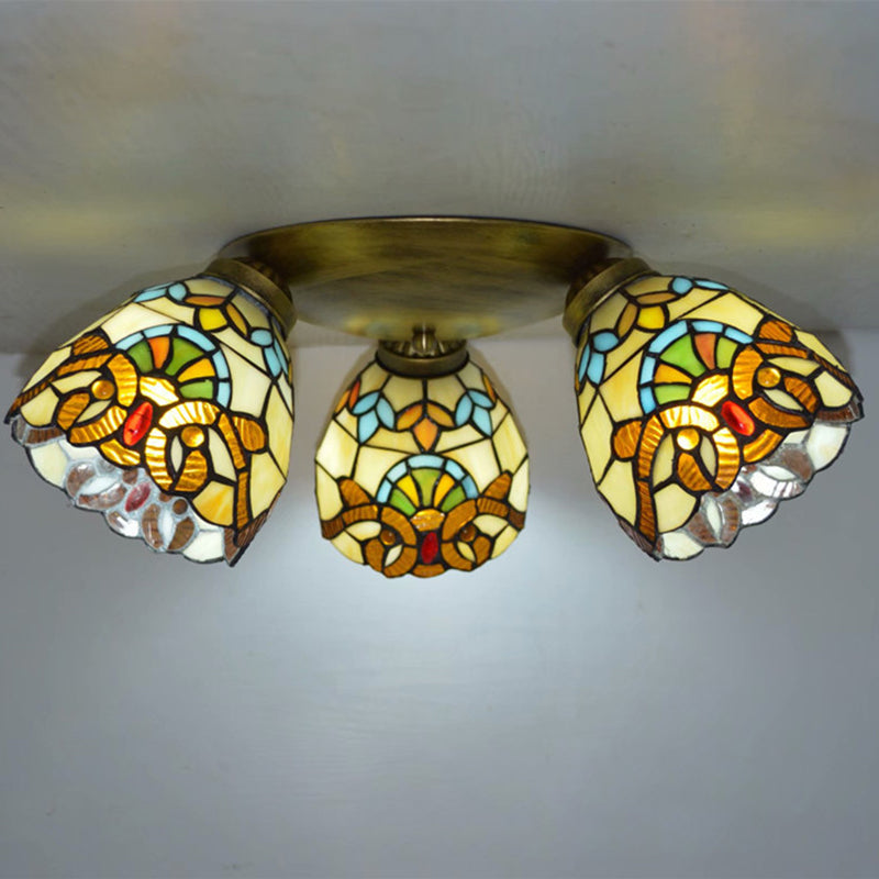 3 Heads Ceiling Flush Light Fixture Tiffany Small Stained Glass Flush Mount Lighting for Hall