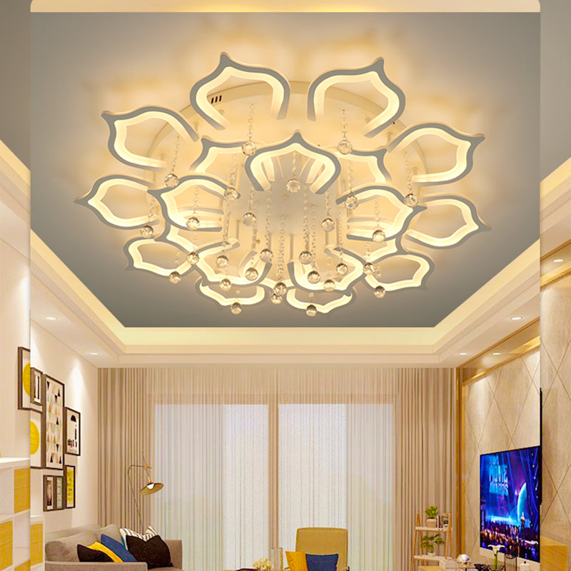 White Lotus Flush Ceiling Light Modernity LED Acrylic Semi Flush Mount with Crystal Decor