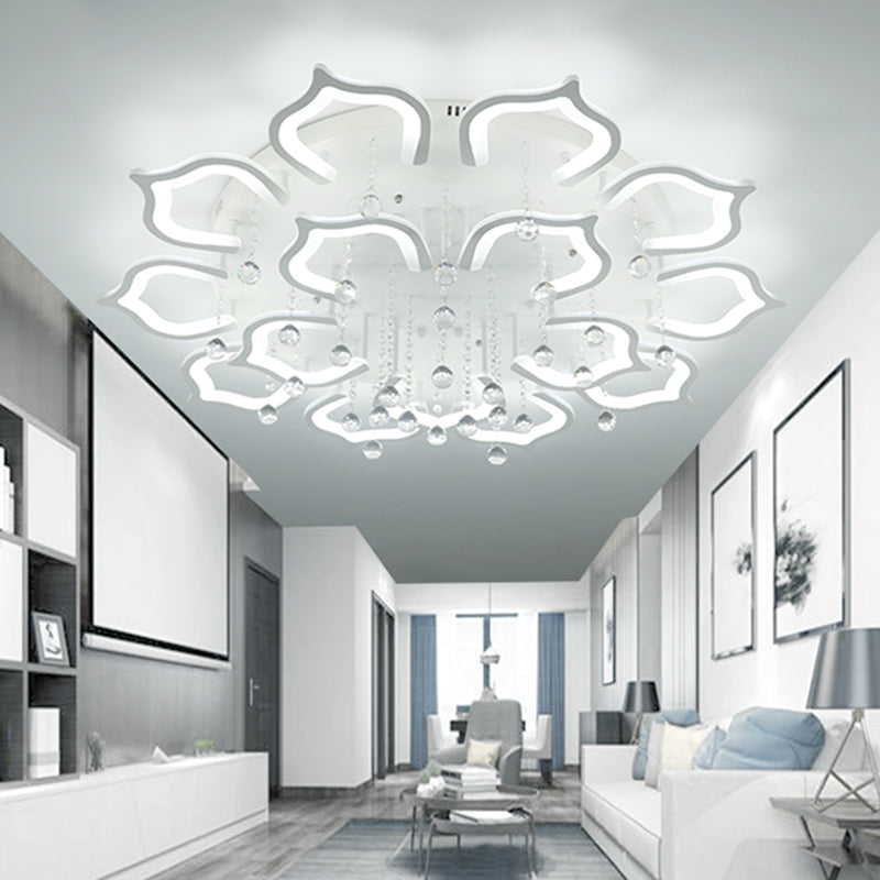 White Lotus Flush Ceiling Light Modernity LED Acrylic Semi Flush Mount with Crystal Decor