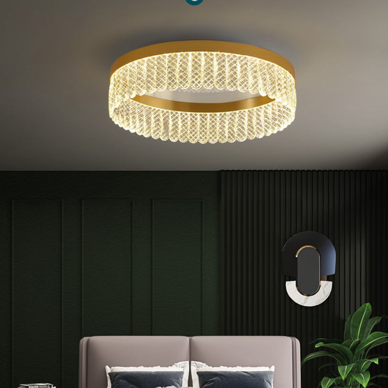 Prismatic Crystal Ring Shaped Flush-Mount Light Simplicity Gold LED Ceiling Fixture for Bedroom