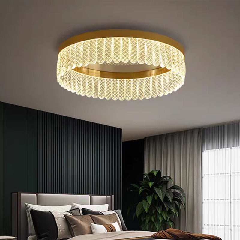 Prismatic Crystal Ring Shaped Flush-Mount Light Simplicity Gold LED Ceiling Fixture for Bedroom