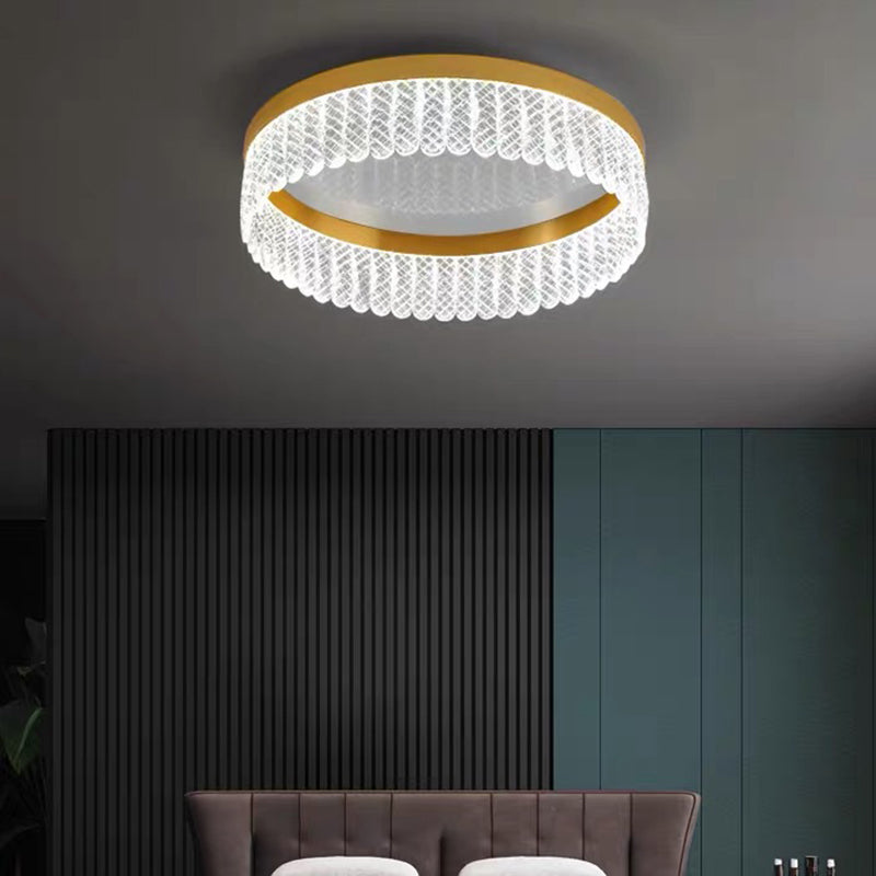 Prismatic Crystal Ring Shaped Flush-Mount Light Simplicity Gold LED Ceiling Fixture for Bedroom