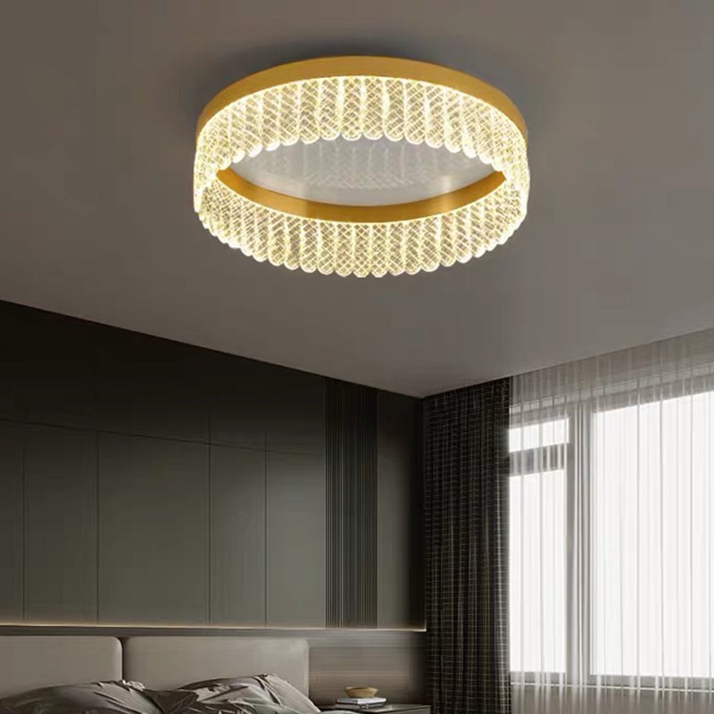 Prismatic Crystal Ring Shaped Flush-Mount Light Simplicity Gold LED Ceiling Fixture for Bedroom