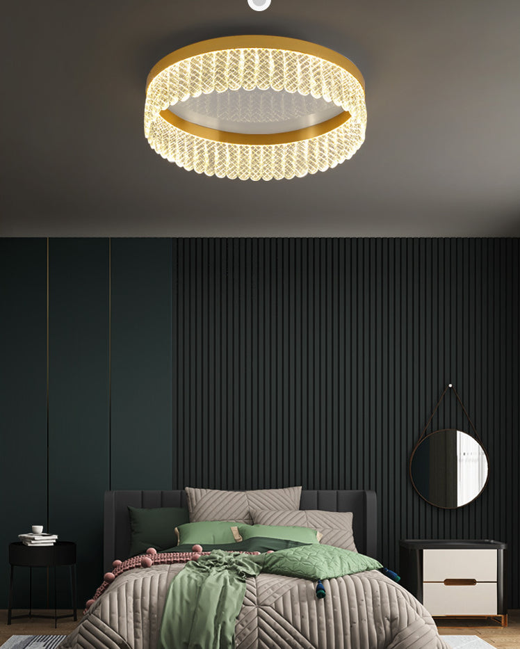 Prismatic Crystal Ring Shaped Flush-Mount Light Simplicity Gold LED Ceiling Fixture for Bedroom