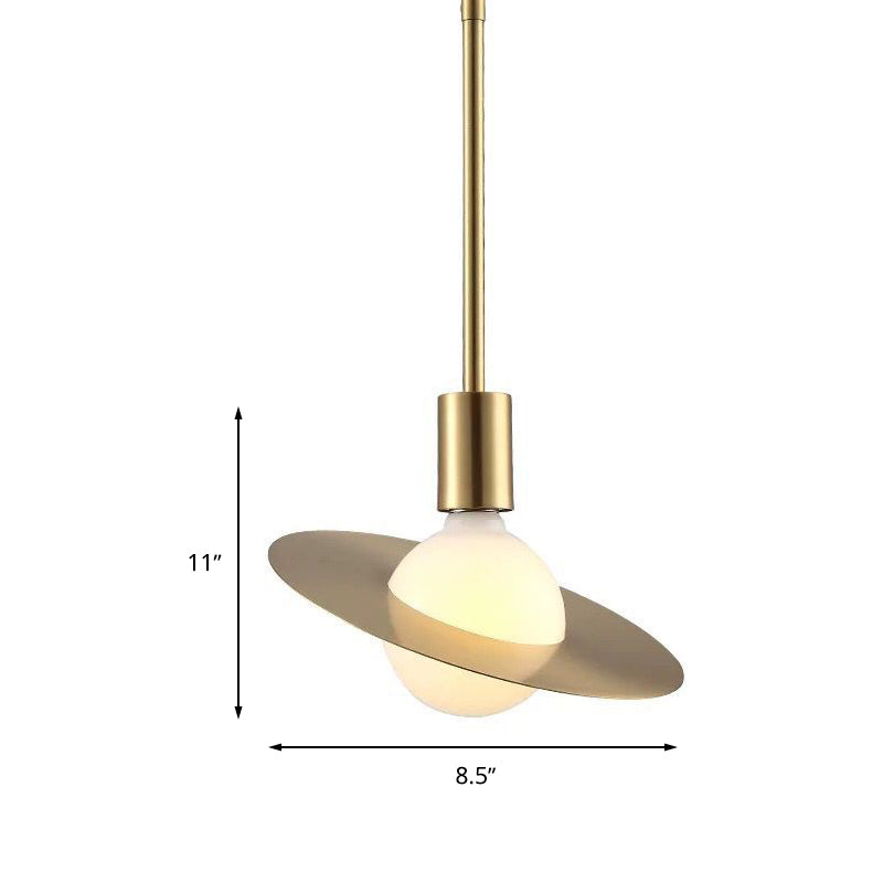 Lámpara colgante de órbita posmoderna vidrio blanco 1 cabezal kit de luz colgante con sombra de metal de disco dorado