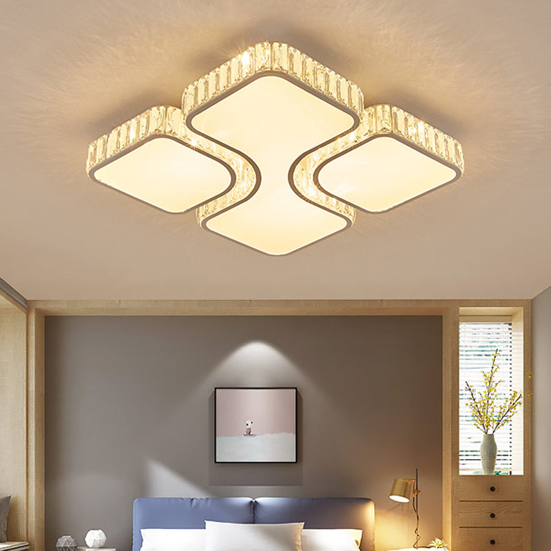 White Quadrangle Flush Light Contemporary LED Acrylic Flush Mount Light with Inlaid Crystal
