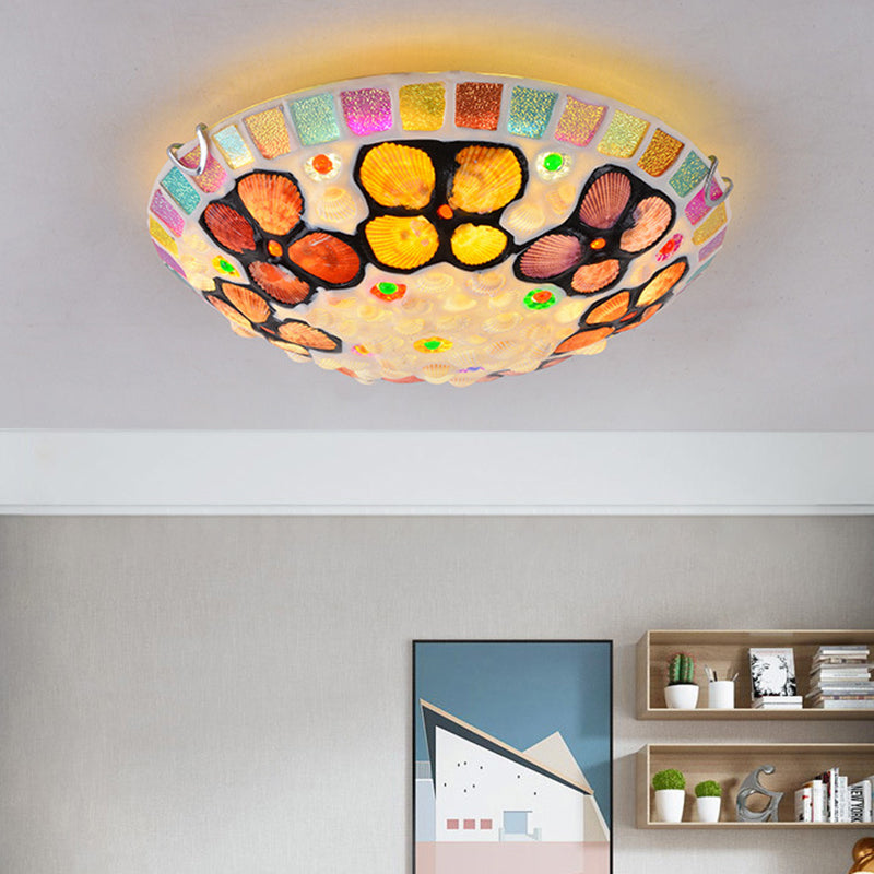 Stained Glass Flush Mount Lamp Tiffany Multicolored Dome Shaped Child Room Ceiling Light with Shells