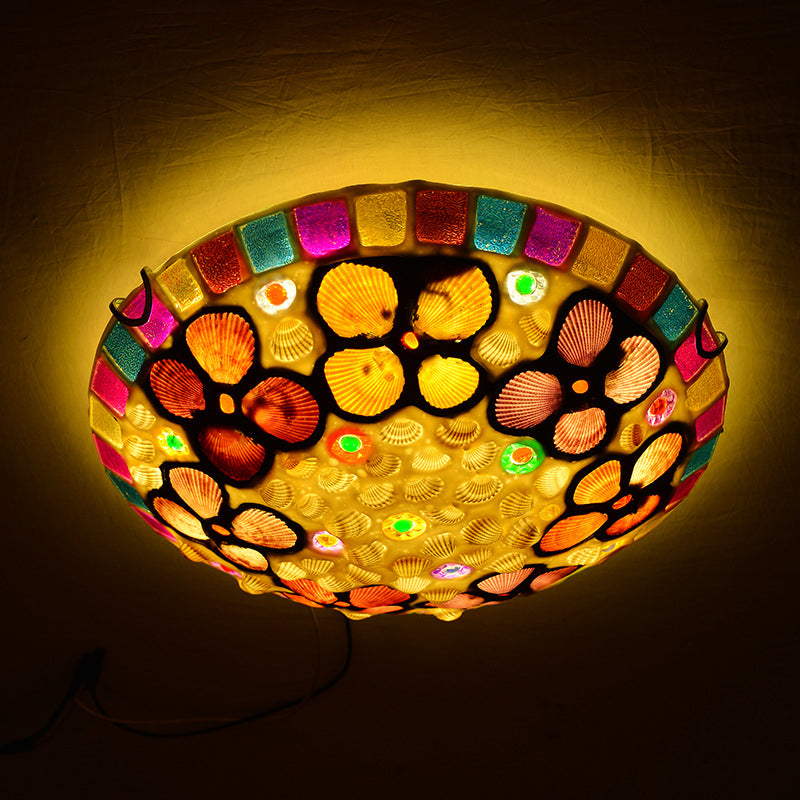 Stained Glass Flush Mount Lamp Tiffany Multicolored Dome Shaped Child Room Ceiling Light with Shells