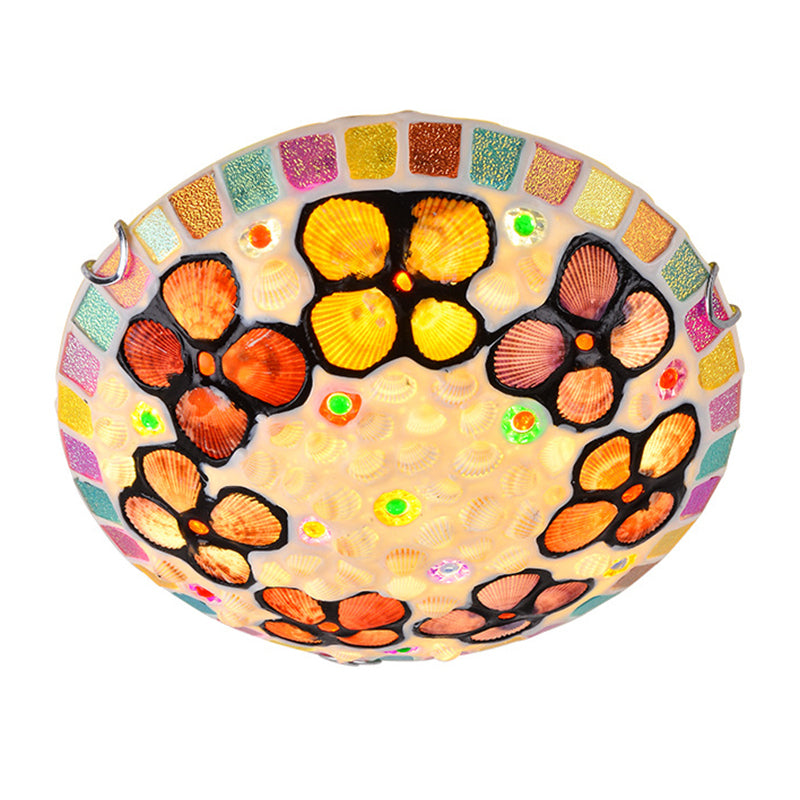 Stained Glass Flush Mount Lamp Tiffany Multicolored Dome Shaped Child Room Ceiling Light with Shells