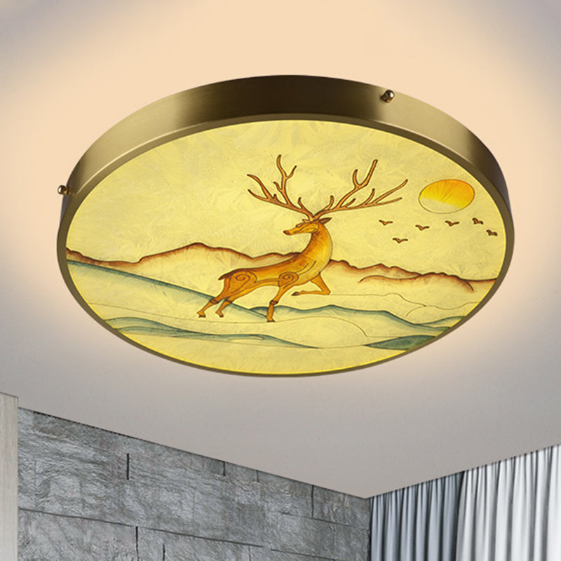 Hand-Paint Glass Round Flush Light Artistic Minimalist LED Ceiling Lighting for Bedroom
