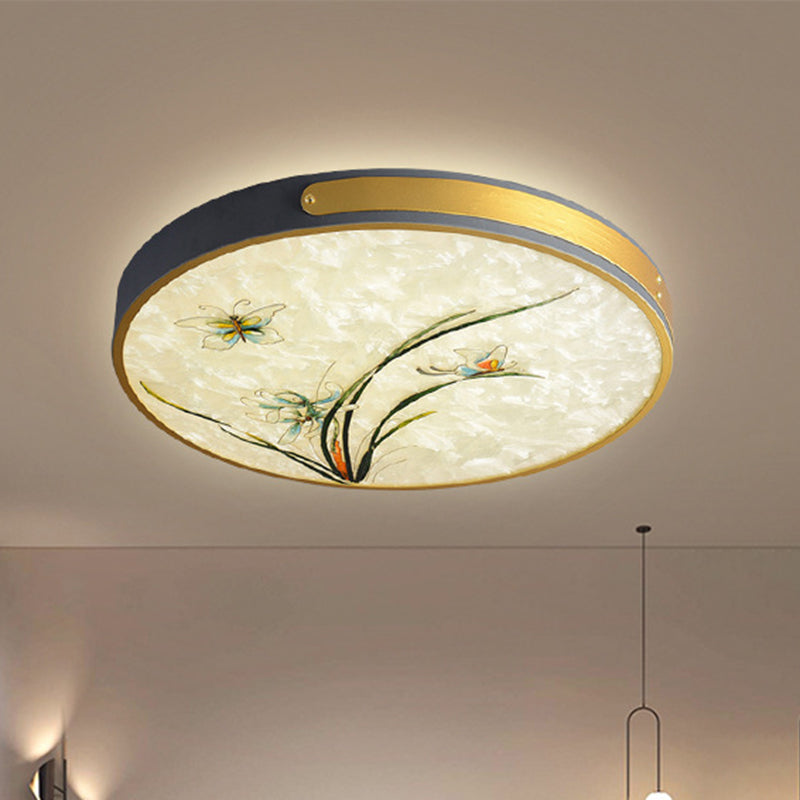 Hand-Paint Glass Round Flush Light Artistic Minimalist LED Ceiling Lighting for Bedroom
