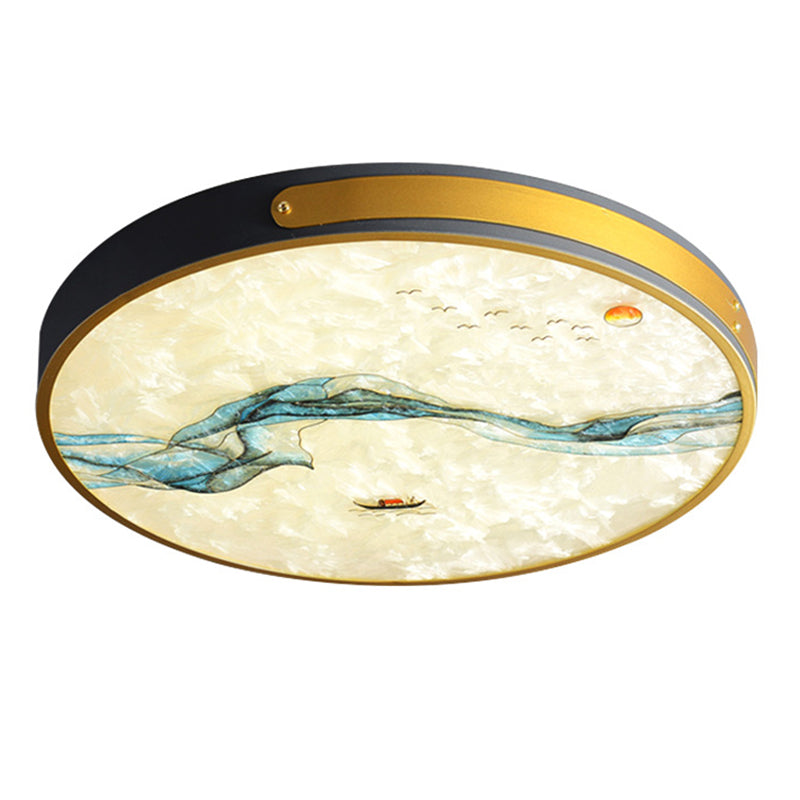 Hand-Paint Glass Round Flush Light Artistic Minimalist LED Ceiling Lighting for Bedroom