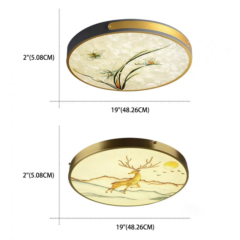 Hand-Paint Glass Round Flush Light Artistic Minimalist LED Ceiling Lighting for Bedroom