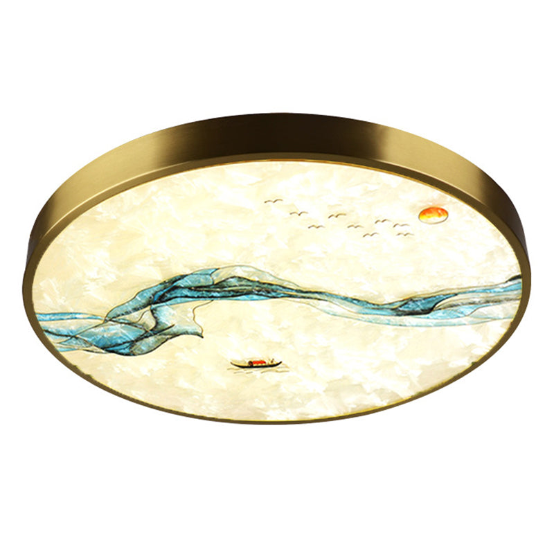 Hand-Paint Glass Round Flush Light Artistic Minimalist LED Ceiling Lighting for Bedroom