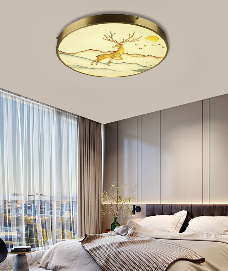 Hand-Paint Glass Round Flush Light Artistic Minimalist LED Ceiling Lighting for Bedroom