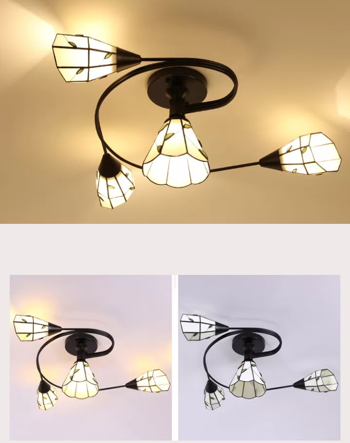 Tiffany Flower Semi Flush Light Stained Glass Ceiling Mounted Light for Living Room