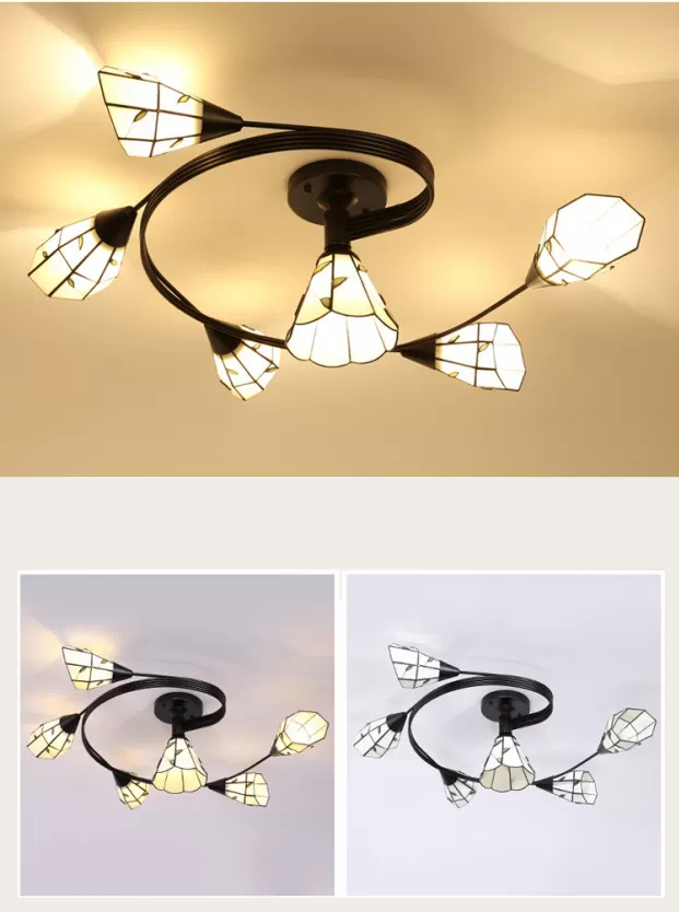 Tiffany Flower Semi Flush Light Stained Glass Ceiling Mounted Light for Living Room