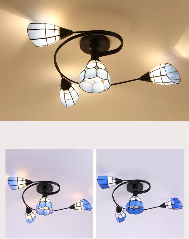 Tiffany Flower Semi Flush Light Stained Glass Ceiling Mounted Light for Living Room