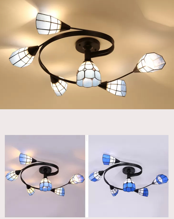 Tiffany Flower Semi Flush Light Stained Glass Ceiling Mounted Light for Living Room