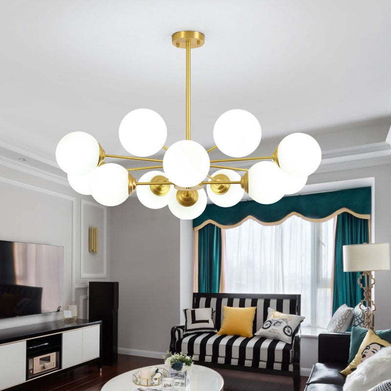 Post-Modern Metal Hanging Chandelier Light Opal Glass Shade Ceiling Chandelier in Gold for Living Room