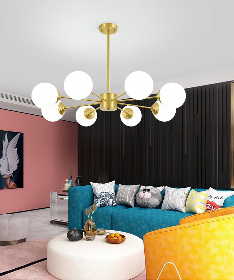 Post-Modern Metal Hanging Chandelier Light Opal Glass Shade Ceiling Chandelier in Gold for Living Room