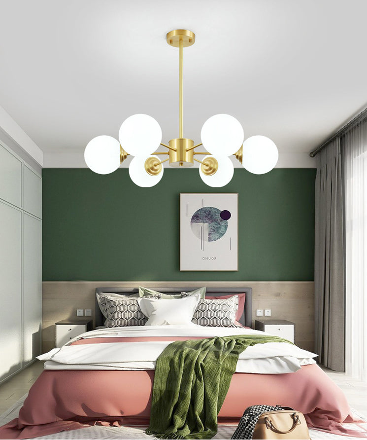 Post-Modern Metal Hanging Chandelier Light Opal Glass Shade Ceiling Chandelier in Gold for Living Room