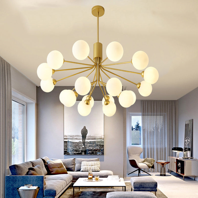 Post-Modern Starburst Hanging Chandelier Light Opal Glass Shade Ceiling Chandelier in Gold for Living Room