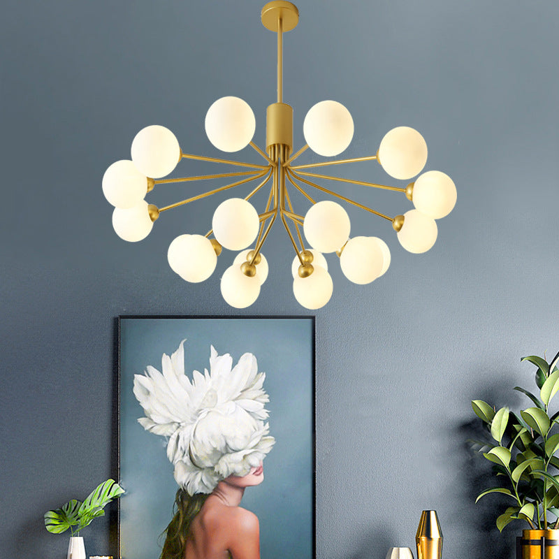Post-Modern Starburst Hanging Chandelier Light Opal Glass Shade Ceiling Chandelier in Gold for Living Room