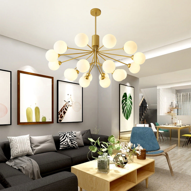 Post-Modern Starburst Hanging Chandelier Light Opal Glass Shade Ceiling Chandelier in Gold for Living Room