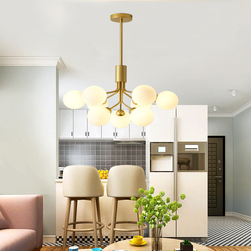 Post-Modern Starburst Hanging Chandelier Light Opal Glass Shade Ceiling Chandelier in Gold for Living Room