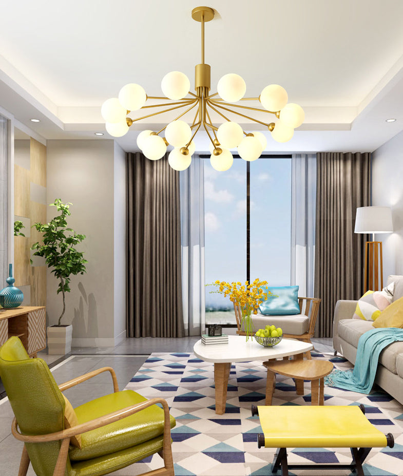 Post-Modern Starburst Hanging Chandelier Light Opal Glass Shade Ceiling Chandelier in Gold for Living Room