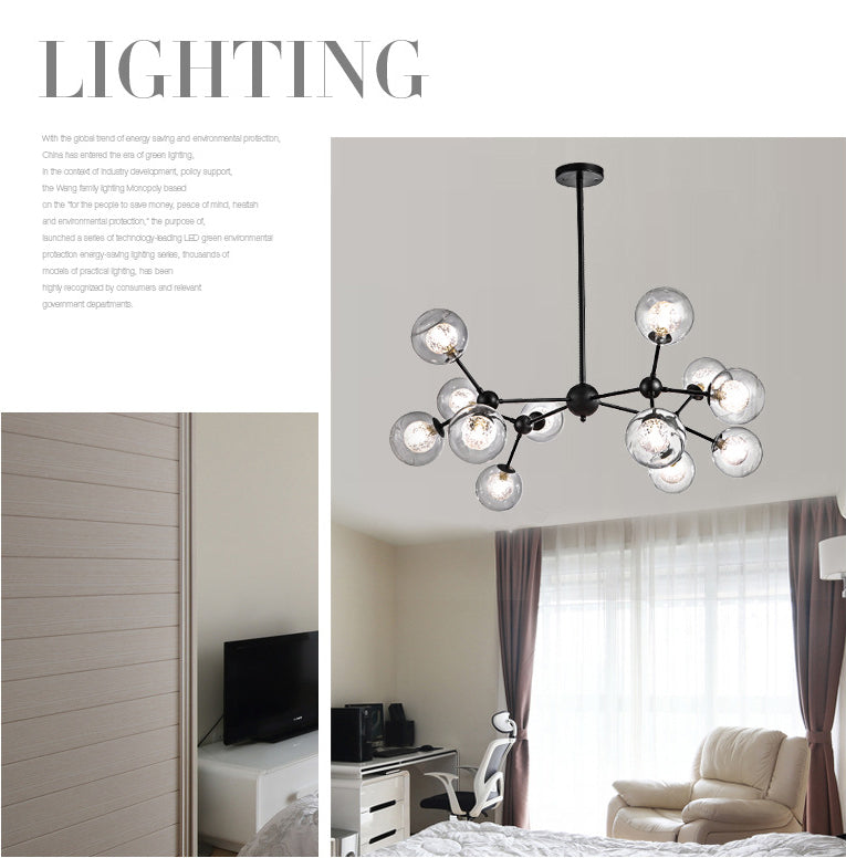 Black Branch Hanging Chandelier Light Modern Clear Glass Shade Ceiling Chandelier for Living Room