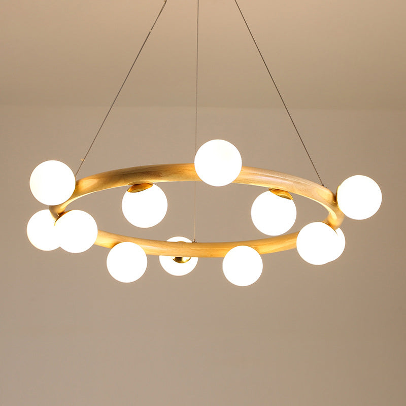 Modern Minimalist Round Chandelier Light Fixture Natural Wood Living Room Ceiling Chandelier