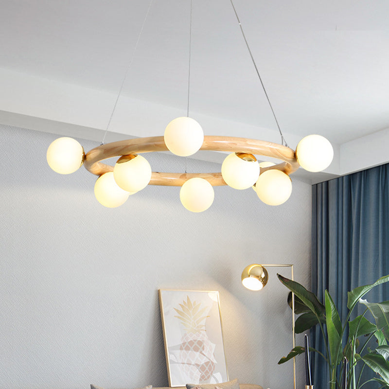 Modern Minimalist Round Chandelier Light Fixture Natural Wood Living Room Ceiling Chandelier