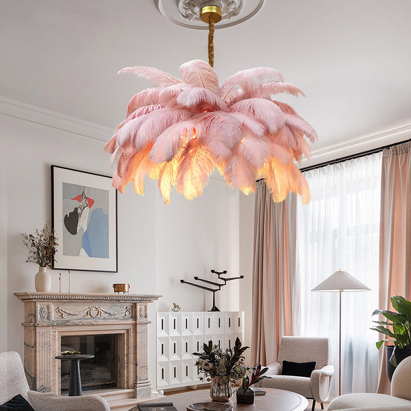 Ostrich Feather Ceiling Chandelier Modern Nordic Creative 5 Light Hanging Ceiling Light for Bedroom