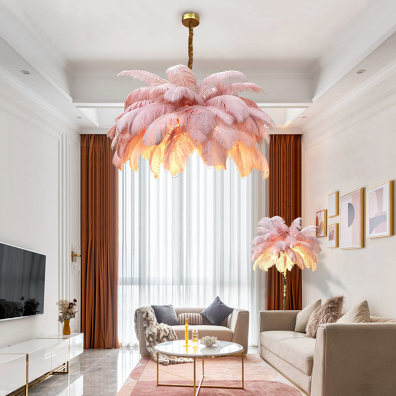 Ostrich Feather Ceiling Chandelier Modern Nordic Creative 5 Light Hanging Ceiling Light for Bedroom