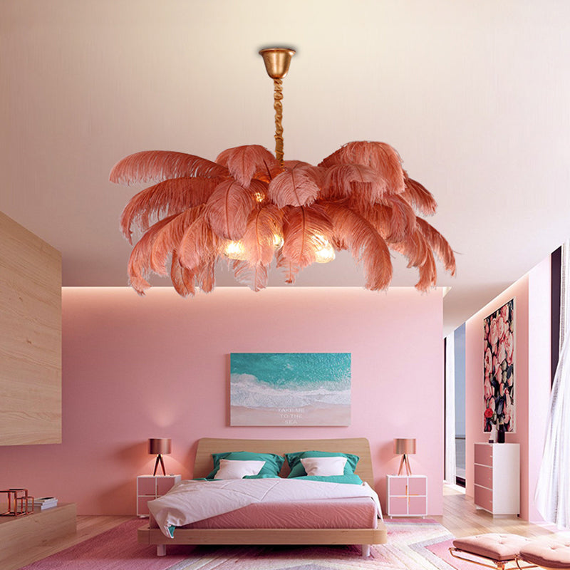 Ostrich Feather Ceiling Chandelier Modern Nordic Creative 5 Light Hanging Ceiling Light for Bedroom