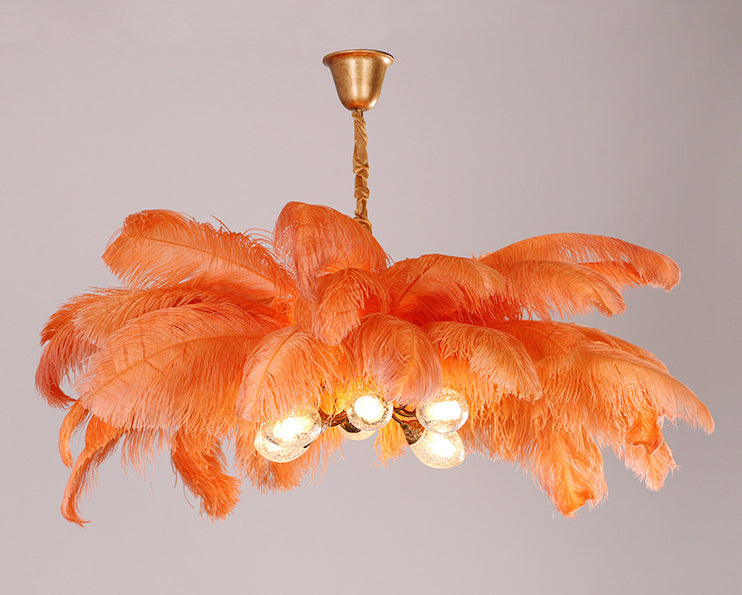 Ostrich Feather Ceiling Chandelier Modern Nordic Creative 5 Light Hanging Ceiling Light for Bedroom