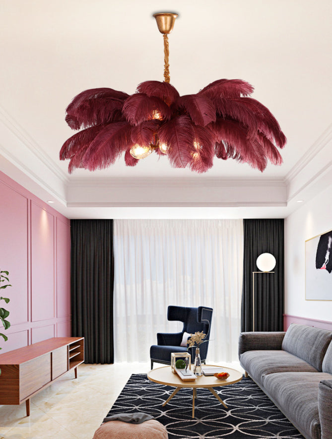 Ostrich Feather Ceiling Chandelier Modern Nordic Creative 5 Light Hanging Ceiling Light for Bedroom