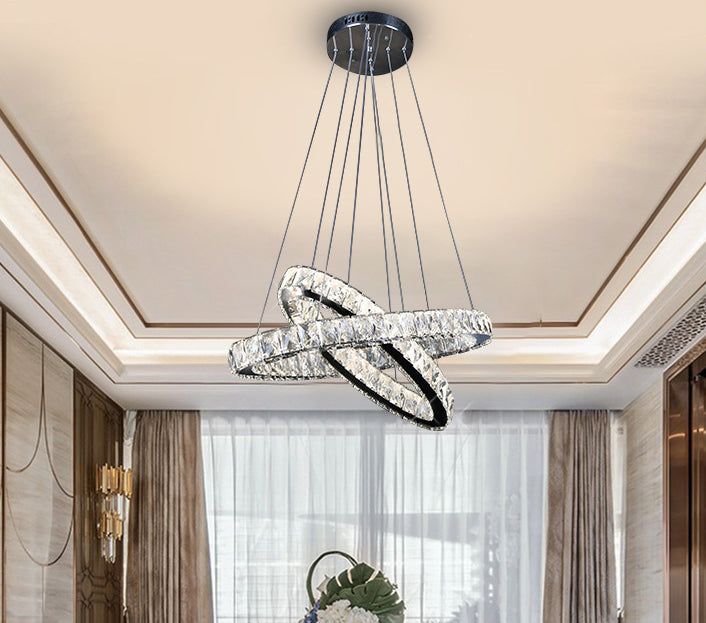 2-Tier Circular Carousel LED Pendant Lamp Modern Minimalist Prismatic Crystal Living Room Hanging Ceiling Light