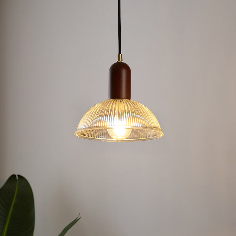 1 Light Bowl Hanging Light Fixtures Vintage Ribbed Glass Ceiling Light for Restaurant