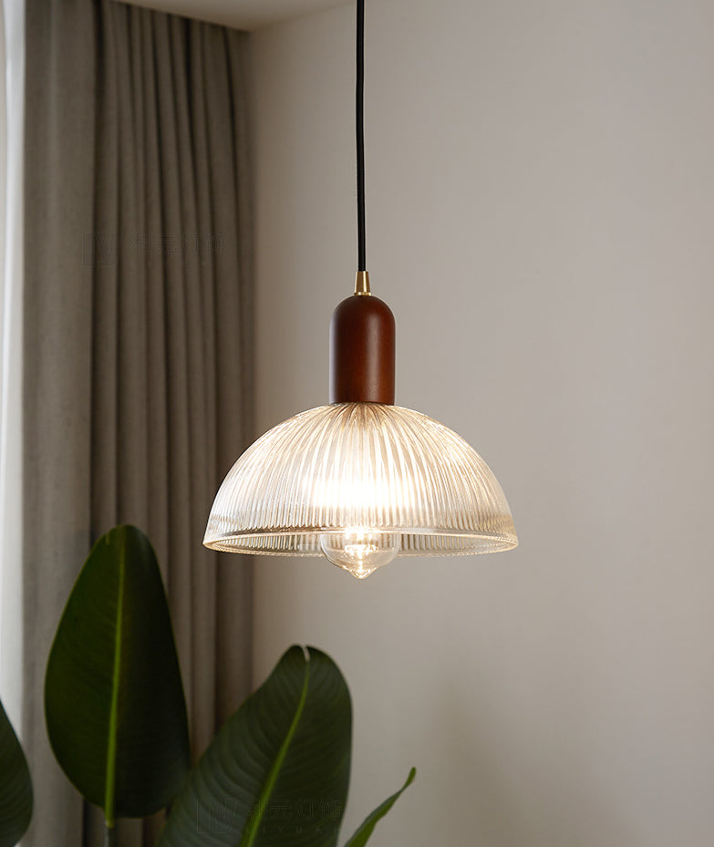 1 Light Bowl Hanging Light Fixtures Vintage Ribbed Glass Ceiling Light for Restaurant