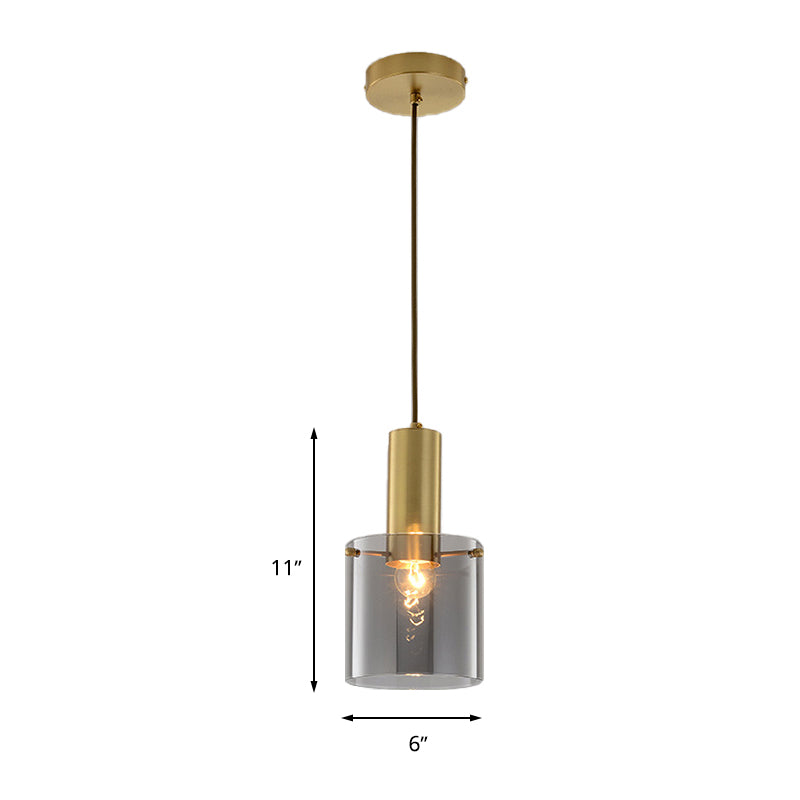 Cylinder Pendant Light Modern Clear Glass 1 Head Brass Hanging Ceiling Light for Dining Room