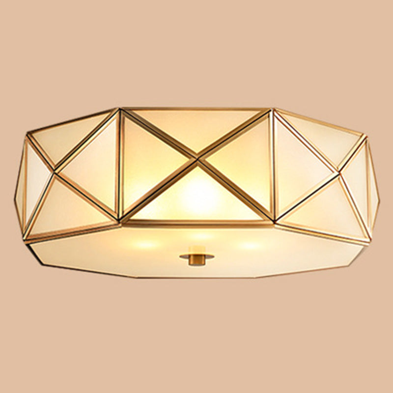 Glass Drum Ceiling Mount Light Fixture Traditional Bedroom Flushmount Ceiling Lamp in Brass