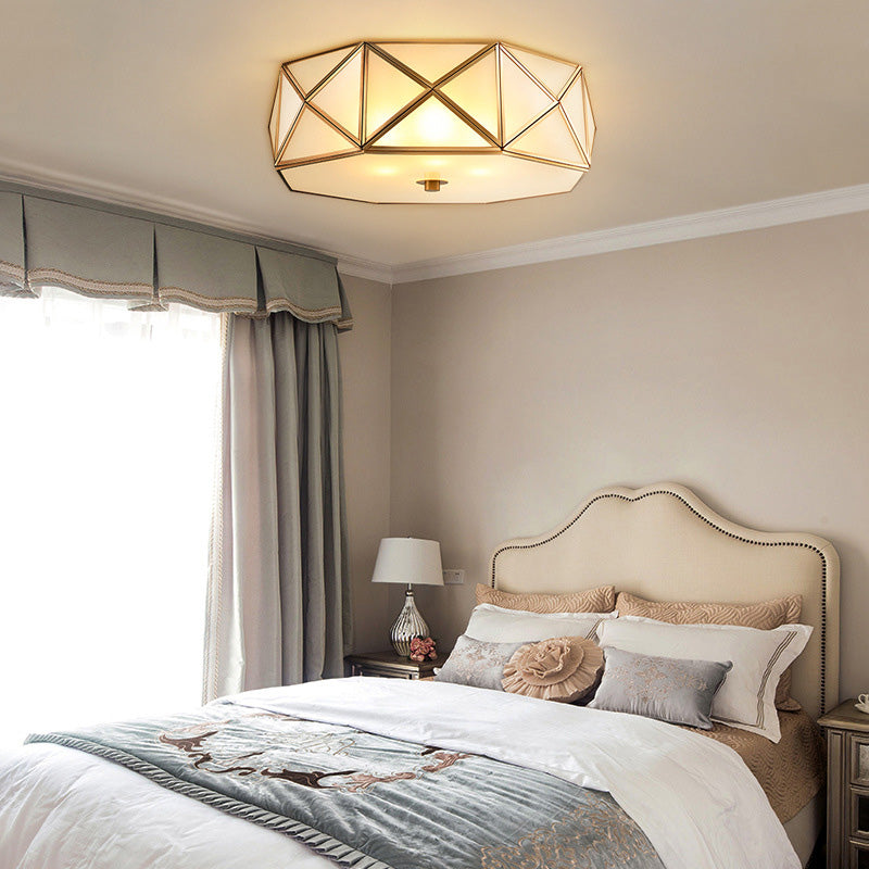 Glass Drum Ceiling Mount Light Fixture Traditional Bedroom Flushmount Ceiling Lamp in Brass