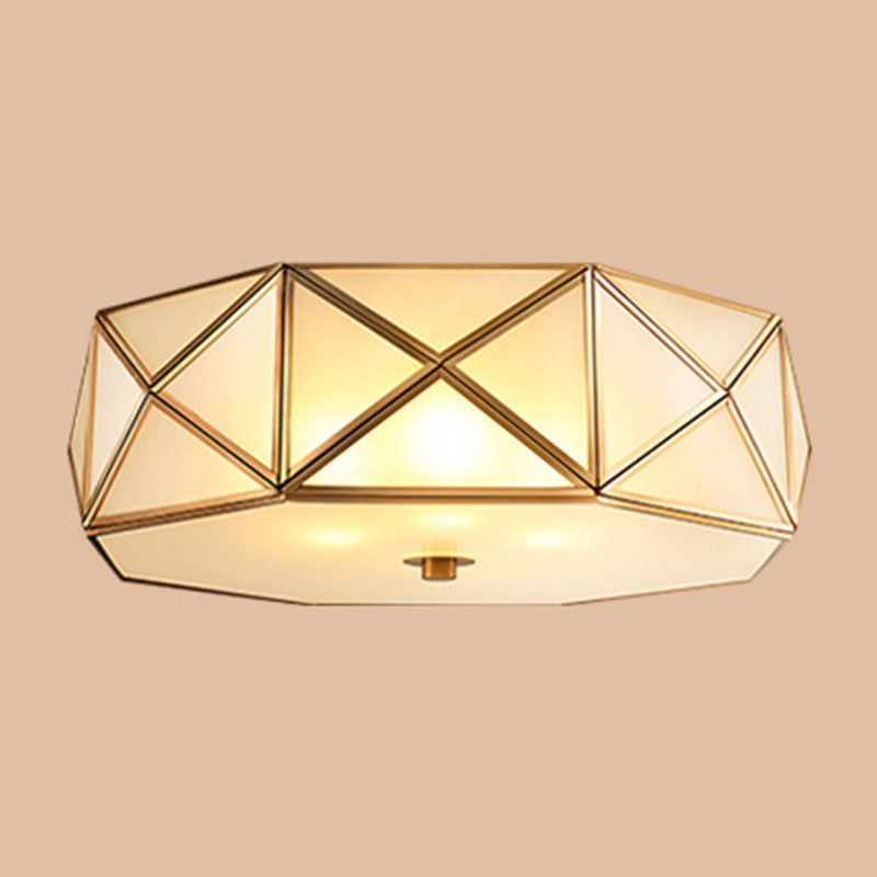Glass Drum Ceiling Mount Light Fixture Traditional Bedroom Flushmount Ceiling Lamp in Brass