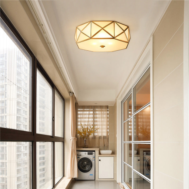 Glass Drum Ceiling Mount Light Fixture Traditional Bedroom Flushmount Ceiling Lamp in Brass