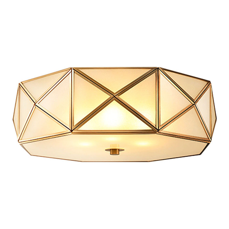 Glass Drum Ceiling Mount Light Fixture Traditional Bedroom Flushmount Ceiling Lamp in Brass